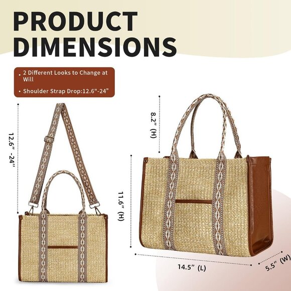 Straw Beach Tote Bag Women's Summer Handmade Woven Shoulder Purse - Picture 6 of 8